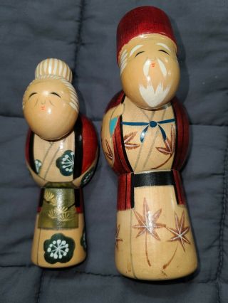 2 Vintage Japanese Kokeshi Hand Painted Wood Dolls Aging Couple Grandma Grandpa