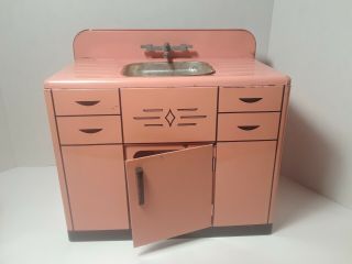 Vintage 1950s Pink Wolverine Metal Toy Kitchen Sink - Drips/drains Water (read)
