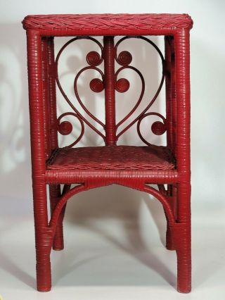 Vtg Mcm 2 - Tier Red Rattan Wicker Bamboo Plant Stand Side Accent Table Boho