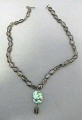 Vintage Old Pawn Sterling Smoky Topaz Black Widow Spiderweb Turquoise Necklace