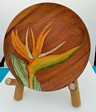Vintage Tropical Hawaii Bird Of Paradise Carved Wood Plate / Bamboo Stand