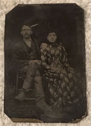 Antique Tin Type Photo Photograph Of Man And Woman