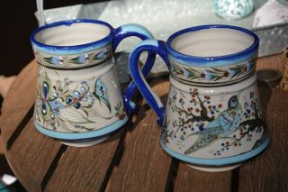 Ken Edwards Pair Very Large Mugs Cups Blue Birds Butterflies Mexico Tonala