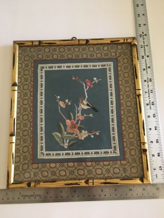 Vintage Asian Japanese Bamboo Frame Silk Needle Work Picture Floral Tree Bird