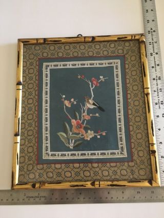 Vintage Asian Japanese Bamboo Frame Silk Needle Work Picture Floral Tree Bird 2