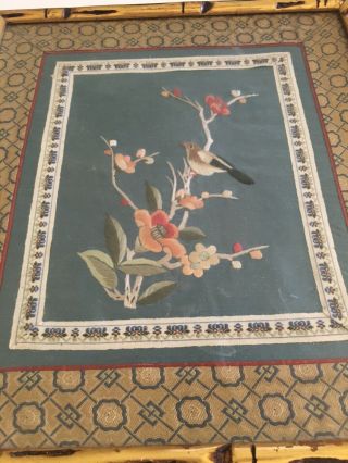 Vintage Asian Japanese Bamboo Frame Silk Needle Work Picture Floral Tree Bird 3