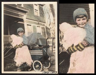 Gleeful Red Cheeks Girl Hugs Doll In Mittens 1920s Vintage Tinted Photo