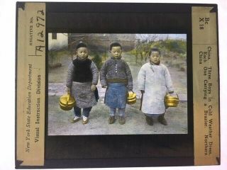 Vintage Glass Magic Lantern Slide Three Boys In Cold Dress Northern China 1910 -