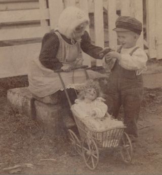 1900 Stereoview Little Boy Desperado With Toy Gun Little Girl Doll In Buggy