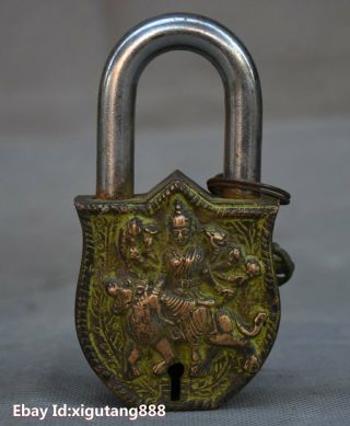 Collect Chinese Bronze Buddha Protector Deity God Statue Lock Locked Locking Key