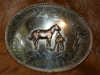 Vintage Comstock German Silver Belt Buckle With Mare & Foal