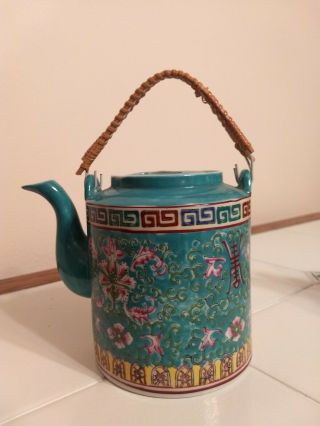 Vintage Chinese Export Porcelain Famille Rose Turquoise Teapot Oriental Ceramic