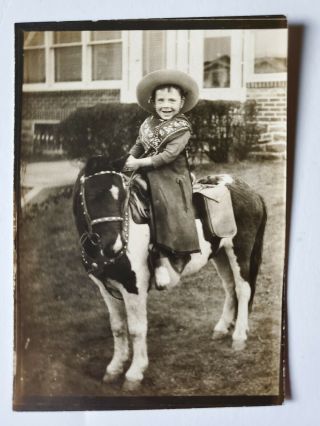 1930s Kid Child Cowboy Hat Clothes Riding Pony Photo 3 1/2 By 5 Inches