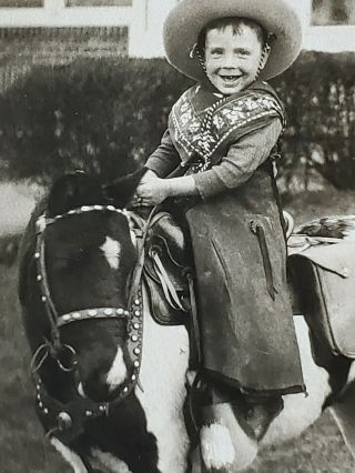 1930s Kid Child Cowboy Hat Clothes Riding Pony Photo 3 1/2 by 5 Inches 2