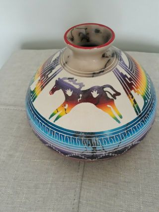 Hilda Whitegoat Navajo Pottery Horse Hair Multicolor Blue Trim 7 " Vase