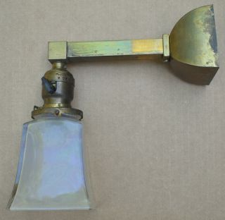 Vintage Brass Arts And Crafts Era Electric Wall Sconce Light With Shade C.  1915