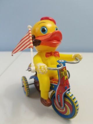 Vintage Rubber Duck Wind Up Toy Duck Riding Circus Tricycle W/bell 5 " Tall