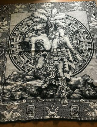 Woven Aztec Sacrifice Scene Mexican Blanket Mayan Wall Hanging Rug 91x81 Black