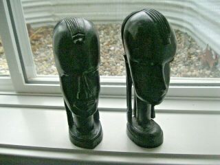 2 Vintage Ebony Wood Carved African Heads 8.  5 " Tall
