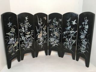 Black Lacquer With Mother Of Pearl Table Top Folding Screen Koi Fish Garden 24”