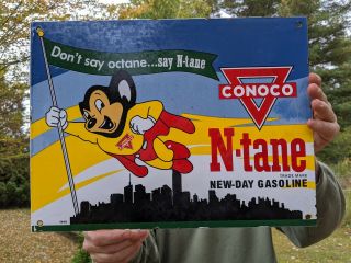 Rare Vintage 1949 Conoco N - Tane Gasoline Porcelain Gas Station Sign Mighty Mouse