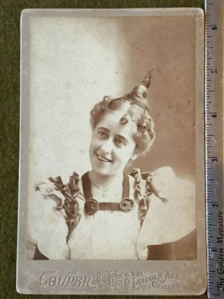 1890s Era 2 Cabinet Card Photos Pretty Girl Wild Hairdo Fancy Hat Chicago