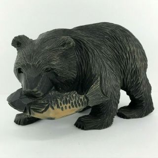 Vintage Japanese Hand Carved Wooden Ainu Art Black Bear With Salmon Hokkaido