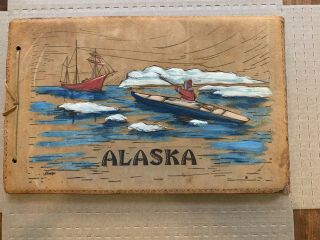 Vintage Suede Leather Alaska Photo Album Hand Painted Inuit Ship Iceberg Fowler