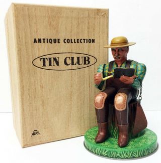 Alps Club Japanese Tin Toy Battery Operated Woodsman Smoking Pipe W/ Book Boxed