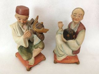 Vintage Antique Set Of Two Man And Woman Asian Figurines Felt Bottoms Collectibl