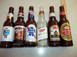 6 Old 12oz.  Beer Bottles - Miller,  Pabst,  Walter,  Bohemian Club,  Huber Wisconsin
