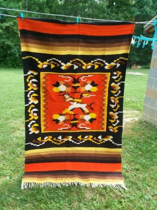 Vtg Hand Woven Zapotec Style Multicolor Estate Wool Blanket Wall Hanging Rug