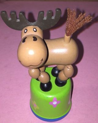 Vintage Wooden Moose Push Button Collapsible Thumb Puppet String Toy 4.  5 "