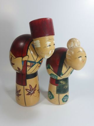Vintage Japanese Kokeshi Hand Painted Wood Dolls Aging Couple Set Of 2