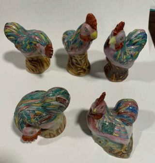 Vintage Set Of (5) Ceramic Chicken Figurines Chinese 3”