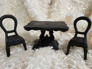 Vintage Miniature Cast Iron Black Table And Two Chairs Jm272 Iron Art.