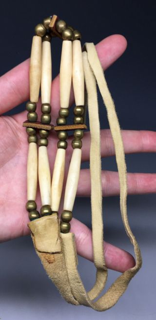 Vintage (20th C. ) Native American Hair - Bone Brass & Leather Choker Necklace