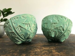 Pair Vintage 1950s Mccoy Pottery Ivy Hanging Planter Bowl Green Mid - Century Mcm