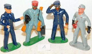 Old 1930s Barclay Lead Dimestore Figures,  4 Train Station Workers,  Red Caps,  A