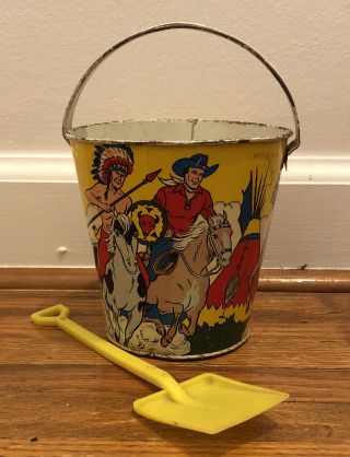 Vintage Ohio Art Tin Litho Toy Sand Pail Bucket Cowboys Indians W/ Shovel