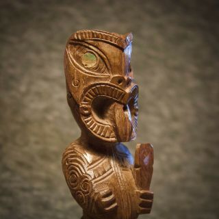 Vintage Maori Hei Tiki Carved Hardwood Figure Paua Shell Eyes Zealand