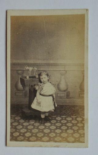 Cdv: Young Girl With A Horse Toy On Wheels.  By G.  Sheldon.  Cambridge.  1860s.