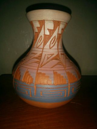 Red Earth Pottery Native American Navajo Pot Mesa Verde Pink Blue Brown Tan