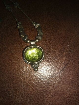 Vintage 925 Sterling Silver Necklace Green Stone,  Light Dances Inside Of Stone