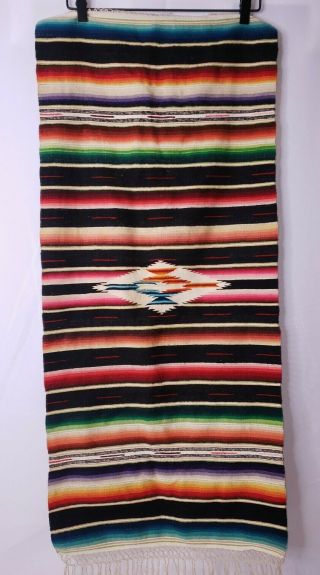 Vintage Mexican Hand Woven Wool Saltillo Serape Rug Runner Wall Hanging 39 " X18 "