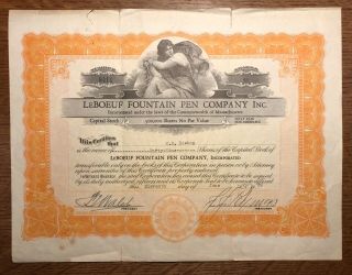 Vintage Leboeuf Fountain Pen Company Inc.  Stock Certificate For 49 Shares