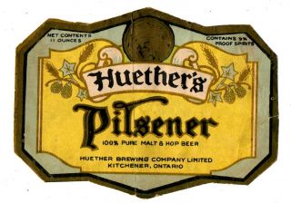 1930s Huether Brewing Co,  Kitchener,  Ontario,  Canada Pilsener Beer Label
