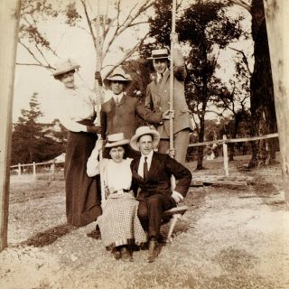 Vintage Old 1905 Photo Of Edwardian Fashion Men Women Posing On Tree Swing