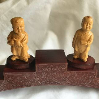 Vintage Chinese Wood Carved Children 2 Boys Figure W/stand