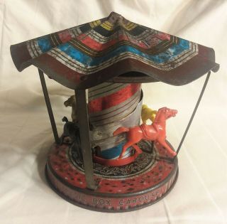 Vintage 1950s Mattel Music Box Carousel Merry - Go - Round Horses Tin Toy